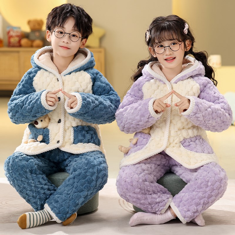 冬季男童冬款加绒加厚款儿童睡衣三层夹棉女童男孩珊瑚法兰绒棉服
