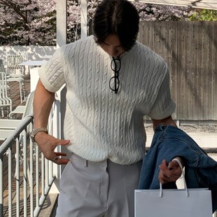 夏季粗麻花白色圆领短袖上衣针织衫毛衣短袖T恤韩国东大门男装潮