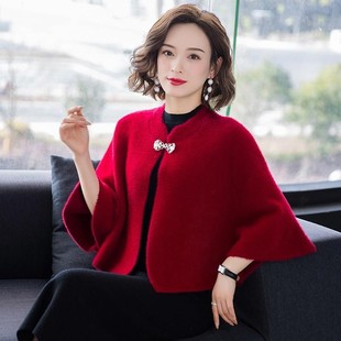 秋冬配旗袍披肩外搭女立领短款外套红色妈妈貂绒斗篷结婚礼服优雅