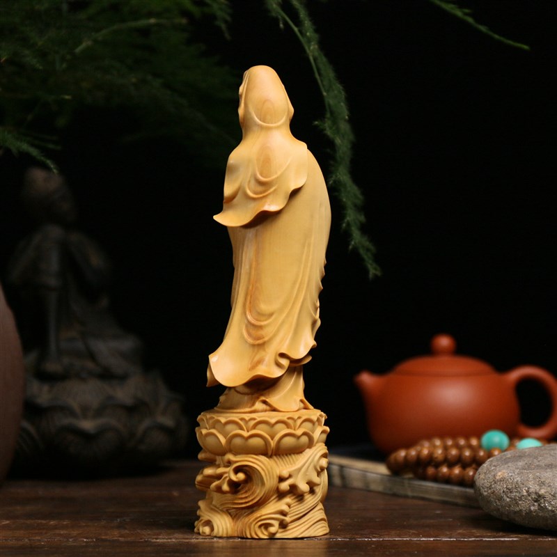 小叶黄杨木雕实木雕刻木质摆件佛像供奉工艺菩萨收藏水浪净瓶观音