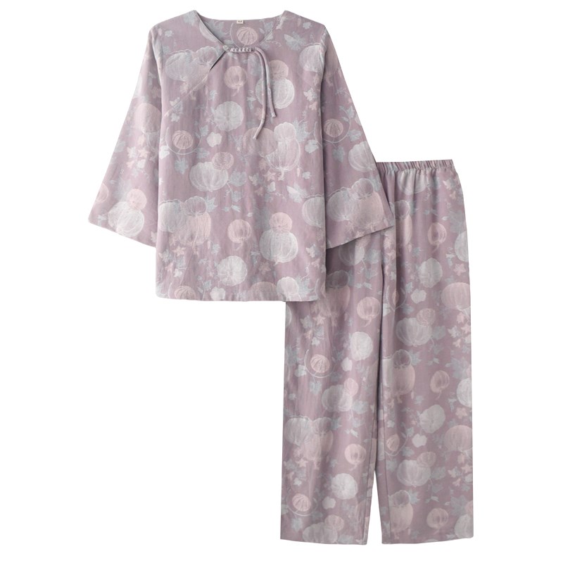 国风复古盘扣睡衣女士春秋夏季纯棉纱布薄款宽松长袖家居服套装