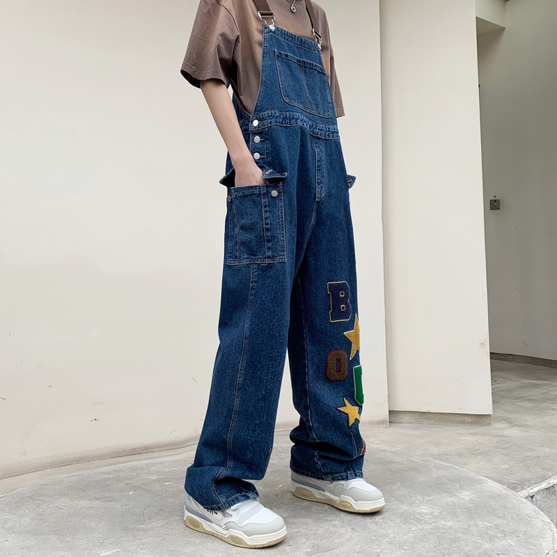 嘻哈复古毛巾绣牛仔背带裤男女夏季2023年新款宽松直筒哈伦阔腿裤