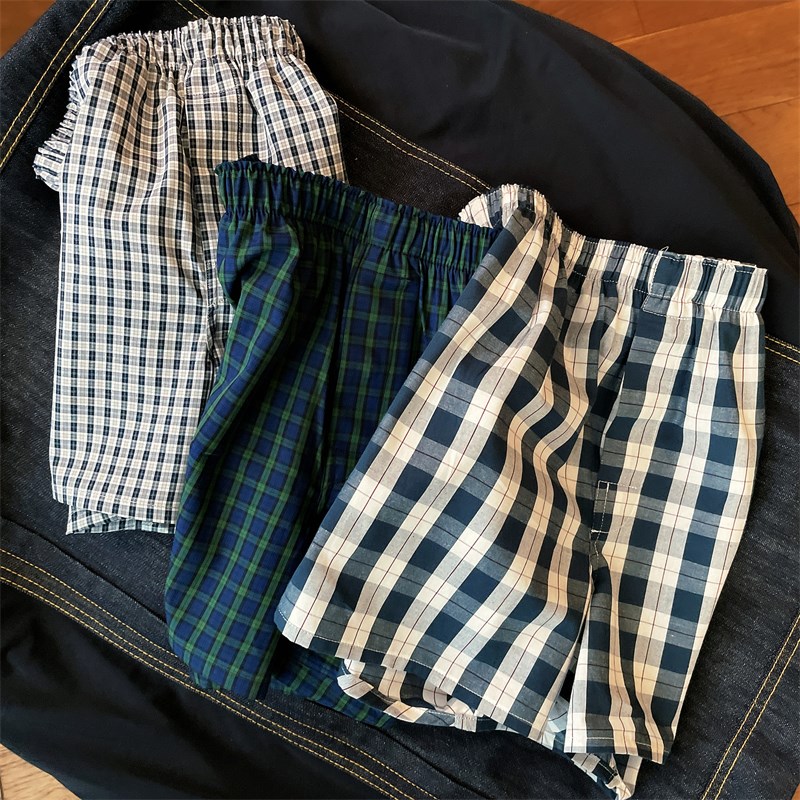 3条 宽松男士内裤纯棉夏季透气男阿罗裤青年休闲格子居家四角短裤