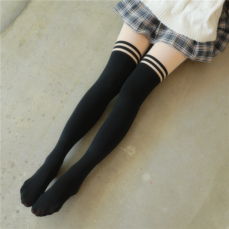 秋冬款加绒加厚假大腿连裤袜女黑色光腿神器JK长筒过膝拼接黑丝袜