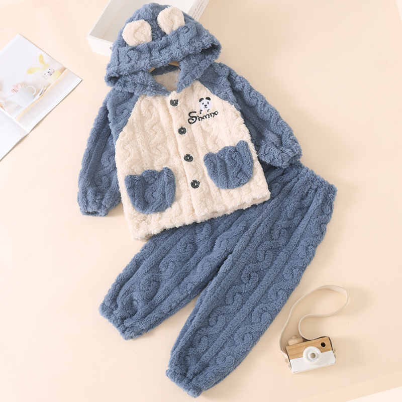 秋冬季儿童睡衣男童女童法兰绒带帽可外穿加厚珊瑚绒男孩宝宝套装