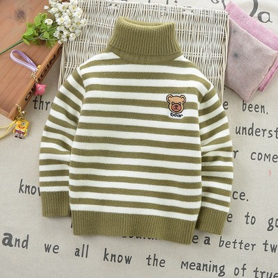 儿童高领毛衣加绒加厚宝宝条纹针织打底衫冬装一体绒男童羊毛衫潮