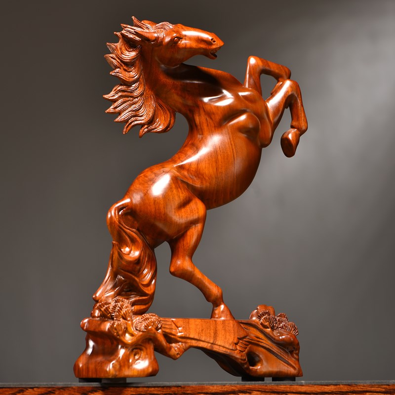 花梨木雕马到成功摆件实木中式生肖马办公书房客厅桌面装饰工艺品