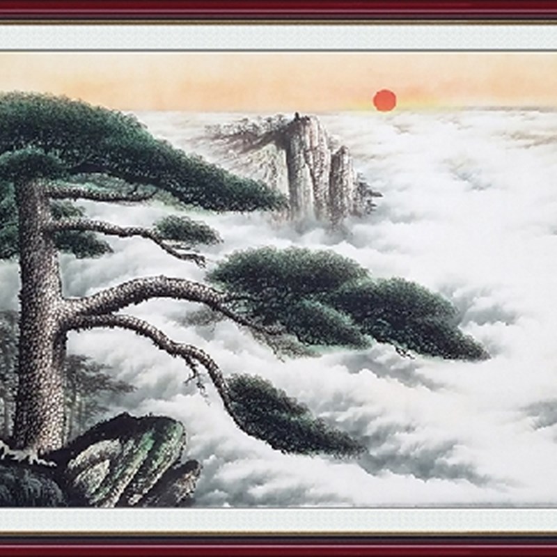 高清晰横幅版式水墨国画迎客松风景有山无水油画布墙壁装饰贴图画