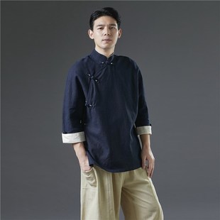 新中式春夏季款国风改良汉服中袖立领盘扣复古唐装男士茶禅意上衣