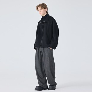 秋冬休闲长裤男士宽松直筒西裤灰色轻奢羊毛呢子阔腿西装裤子男潮