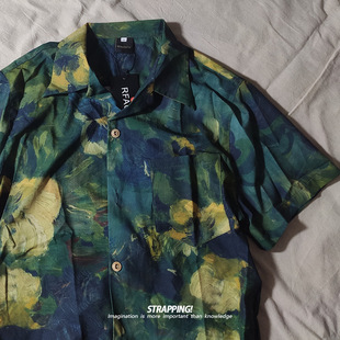 vintage油画复古短袖 古巴领古着怀旧碎花泰国80年代港风男 花衬衫