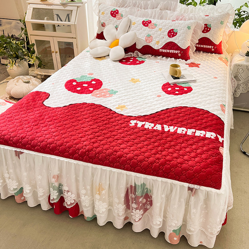 加厚冬天保暖水晶绒牀裙单件可爱卡通公主风花边牀围1.8x2.0m牀罩