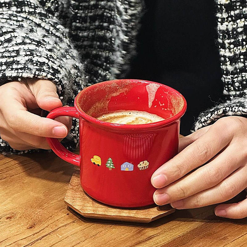 Fun红色陶瓷咖啡杯 喜庆设计感马克杯水杯新年圣诞节闺蜜伴手礼物