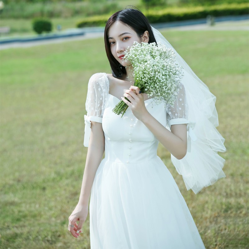 【白小仙】2021新款森系简约法式旅拍轻婚纱新娘小个子领证礼服夏