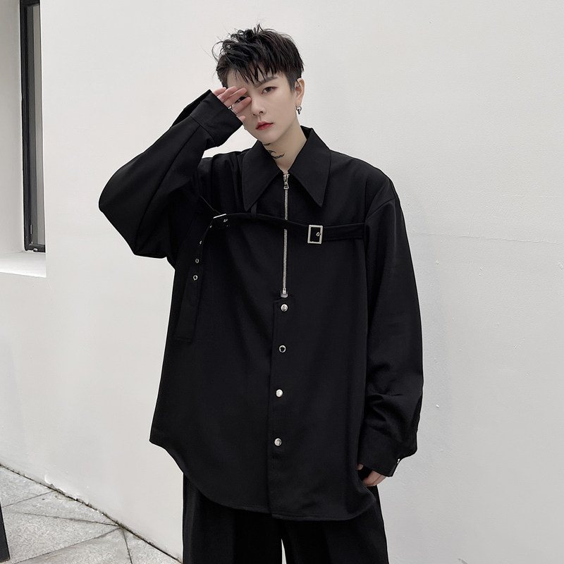 春季拉炼钮扣设计感克莱因蓝衬衫男宽松发型师高级感轻奢长袖衬衫