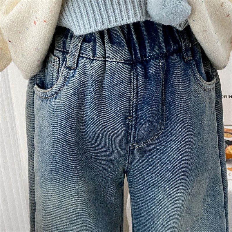 女童牛仔裤冬款宝宝冬季洋气时髦加绒加厚裤子保暖长裤窄版直筒裤