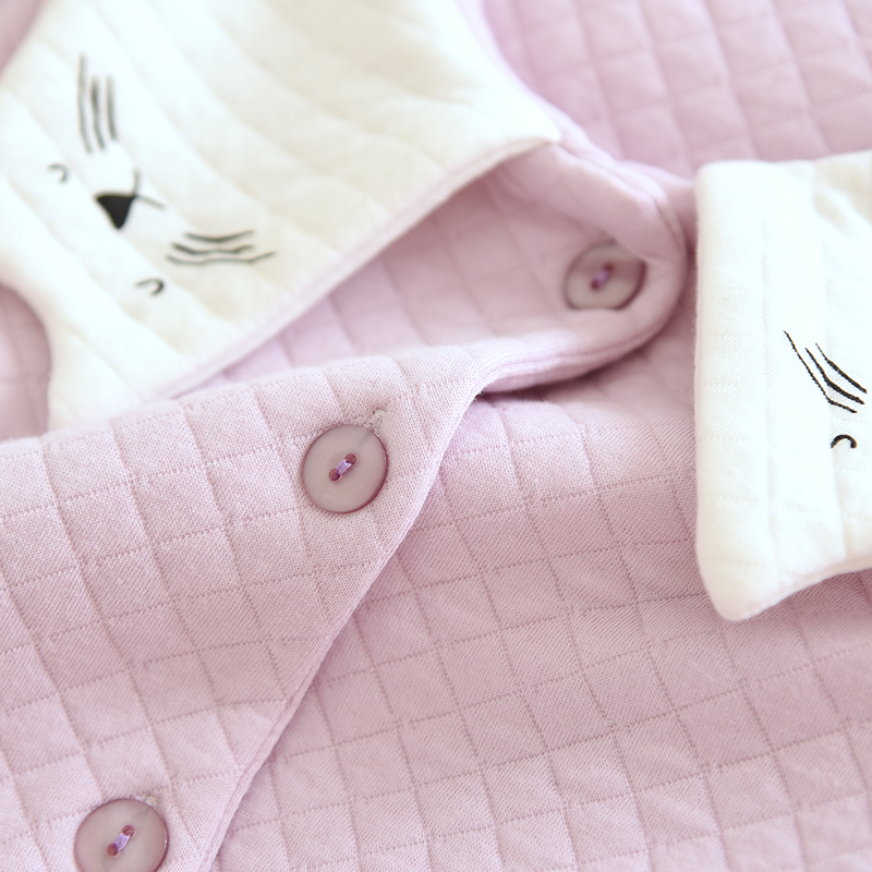 设计师儿童秋冬纯棉空气层女童睡衣裤套组加厚夹层紫猫咪翻领家居