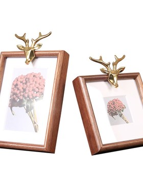 创意黑胡桃木铜鹿相框摆件画框照片摆台家居客厅样板间桌面装饰品