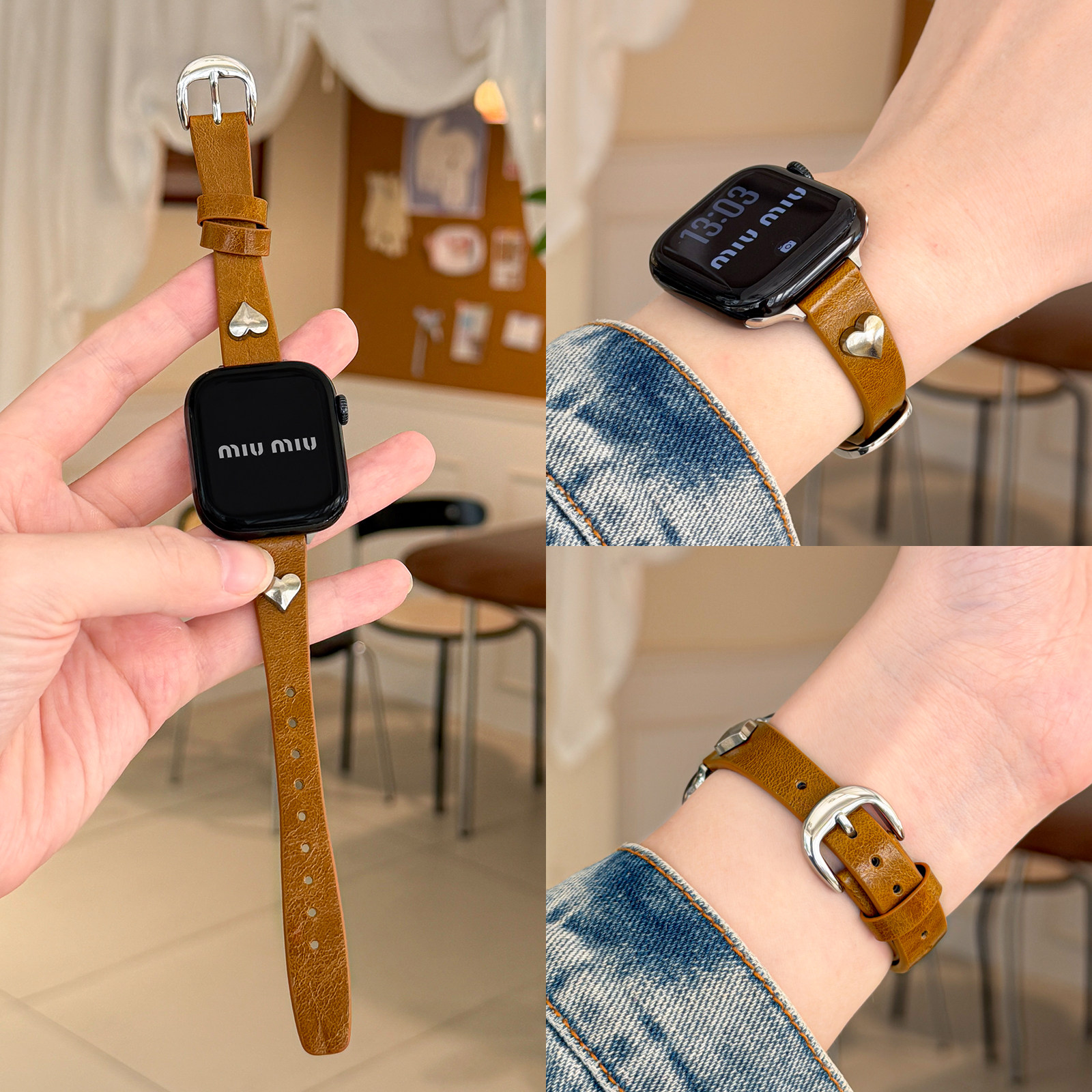 适用iwatch爱心铆钉油蜡皮细表带