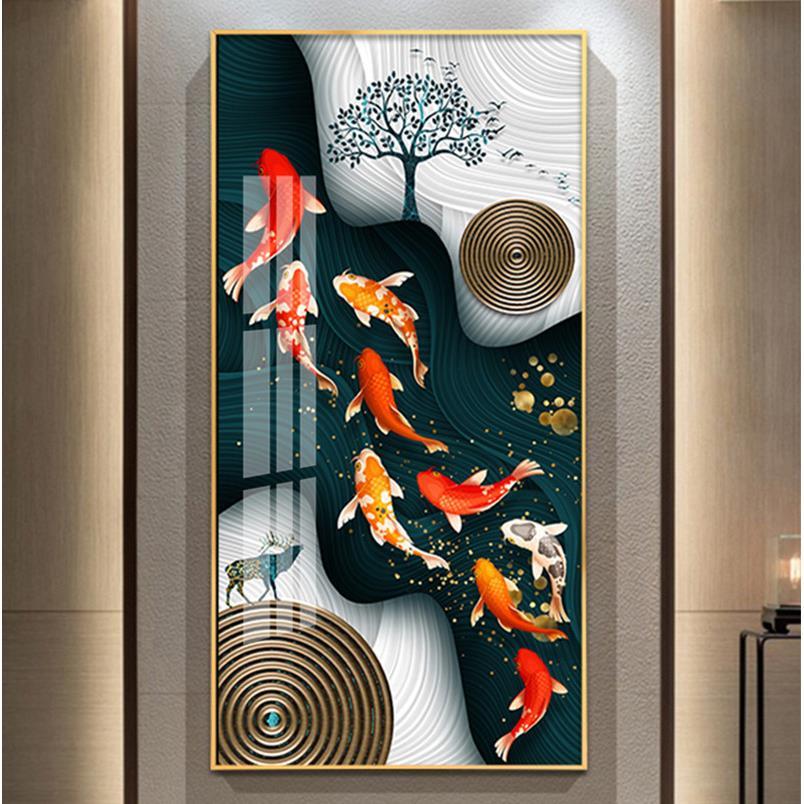 九鱼图客厅玄关画 画 新中式轻奢装饰画 画 竖版走廊过道墙晶瓷晶图片