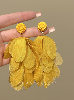 纯银耳钉波西米亚黄色花朵耳环女海边度假氛围感流苏超仙高级夸张