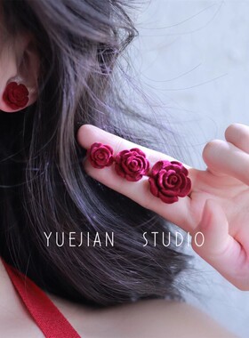 「丝绒舞会」纯银耳钉红色法式复古干枯玫瑰优雅气质仙气耳饰银针