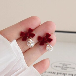 纯银耳钉红色丝绒蝴蝶结耳环女2025年秋冬款轻奢小众高级感玲珑球