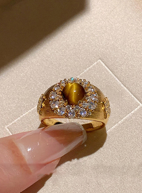 中古拉丝金色虎眼石戒指复古经典