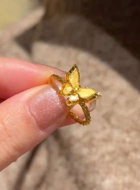 双层黄金色镜花蝶梦蝴蝶戒指女