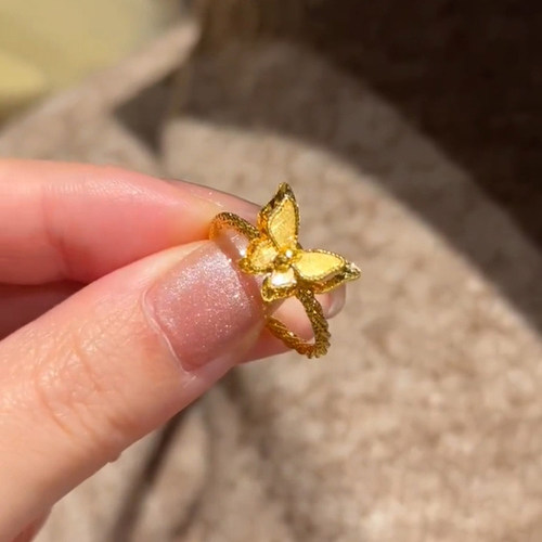 双层黄金色镜花蝶梦蝴蝶戒指女