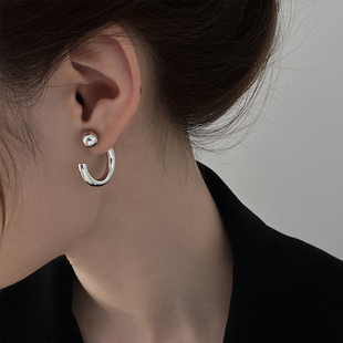 纯银耳钉高级感冷淡风C型半圆耳环女新款时尚气质耳圈复古ins耳饰