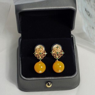 耳夹纯银耳钉无耳洞复古风新中式黄色蚊香盘绿锆蕾丝花边耳环女