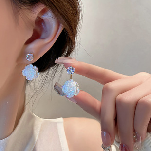 纯银耳钉s925银锆石法式小香山茶花复古高级感优雅珍珠玫瑰耳环