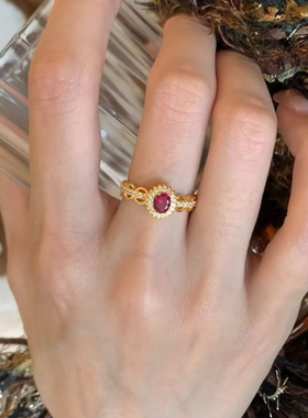 中古风复古蕾丝红宝石戒指女