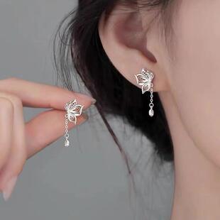 纯银耳钉S925银耳环小清新甜美流苏新款蝴蝶韩版耳骨钉睡觉不摘