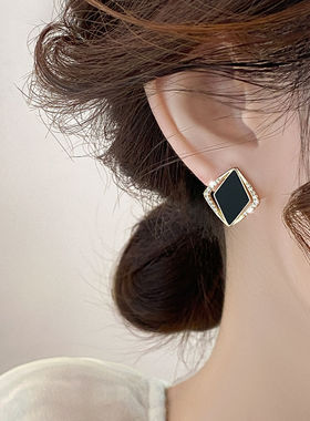 纯银耳钉精致黑色菱形女2025年新款冷淡风耳环小众设计高级感耳饰