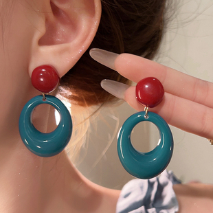 纯银耳钉复古港风氛围圆圈撞色耳环女2025新款轻奢高级感独特夸张