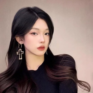 纯银耳钉欧美复古镂空十字架耳环女金属长款个性小众轻奢ins耳饰