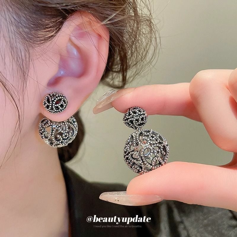 纯银耳钉镂空圆形前后两戴耳环法式高级感金属民族风气质耳饰百搭