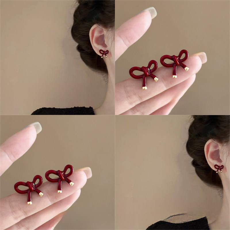 「最佳约会」纯银耳钉酒红蝴蝶结复古淑女风耳饰小巧耳环盘发器