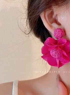 耳夹无耳洞纯银耳钉夸张花朵玫红色耳环新年高级感火龙果色耳饰