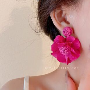 耳夹无耳洞纯银耳钉夸张花朵玫红色耳环新年高级感火龙果色耳饰