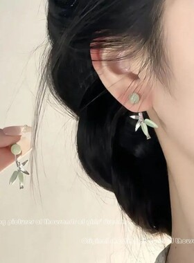 纯银耳钉中式国风古风绿色竹叶清新吊坠耳环新款高级感气质耳饰