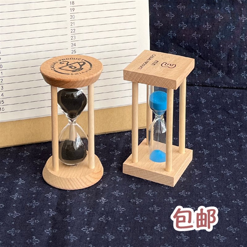 原木一1三3五5分钟计时沙漏方圆形木质儿童刷牙计时器白蓝沙防摔
