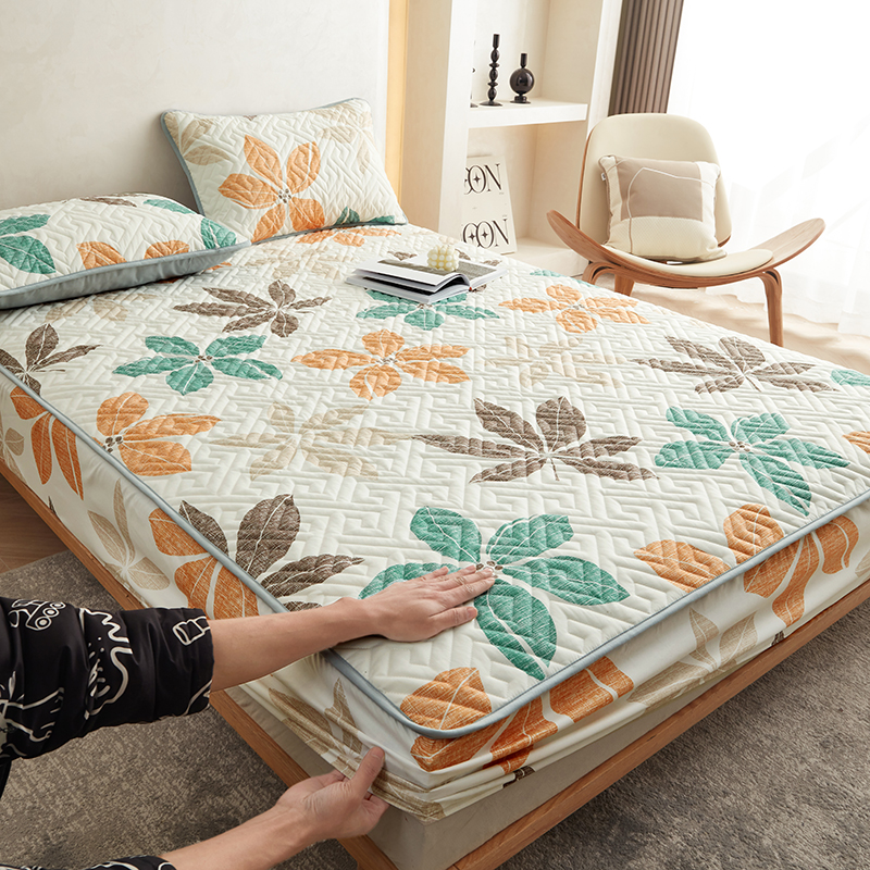 2023新款A类原棉大豆纤维夹棉牀笠双人牀垫印花三件套牀垫保护套