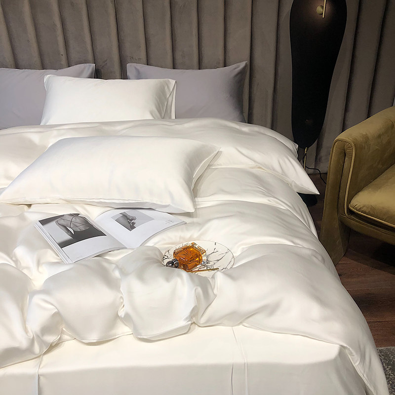 夏季80支双面天丝四件套简约冰丝滑裸睡凉感被套床笠白色床上用品
