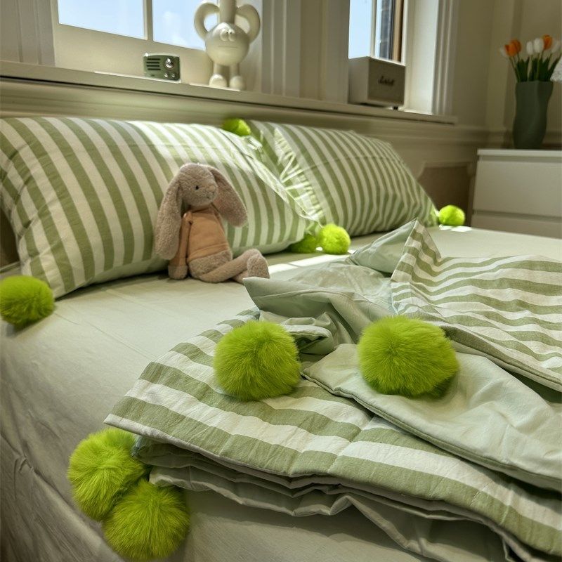 色织水洗棉毛球球绿色条纹单双人夏凉被四件套薄被子空调被芯纯棉
