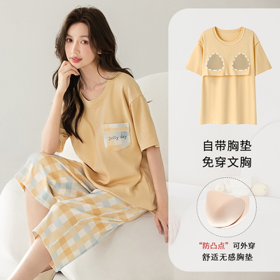 A类抗菌新款纯棉带胸垫睡衣女夏季短袖七分裤卡通家居服外穿套装