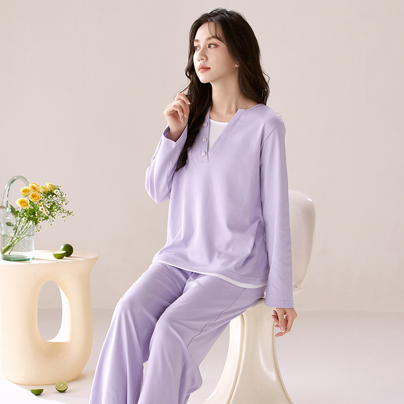 新款A类纯棉纯色睡衣女秋季长袖长裤套装家居服可外穿宽松两件套
