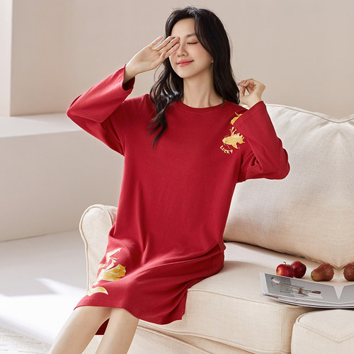 A类治愈系本命年酒红色锦鲤睡裙女士春秋季纯棉家居服宽松连衣裙
